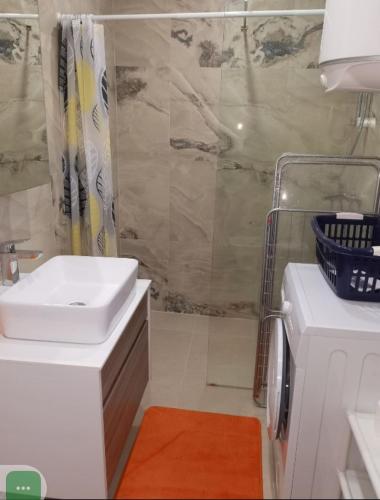 a bathroom with a sink and a shower at Ninas Seaview Apartment in Bar