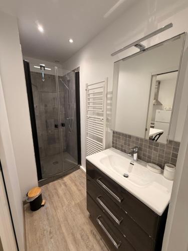 a bathroom with a sink and a shower at Le Charme d'Anduze in Anduze