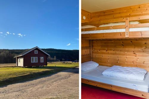 a wooden cabin with a bed and a barn at Alevi Camping in Stöllet