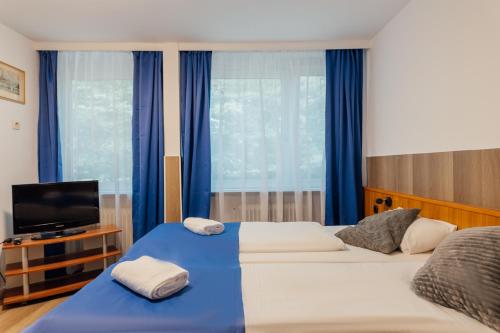 a bedroom with two beds with blue curtains and a tv at Hotel Hanseat Hamburg - Free Parking in Hamburg
