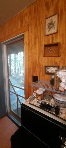 a room with a counter with a door to a balcony at Thunder Ridge Cabins B&B - Bird Nest in Rockbridge