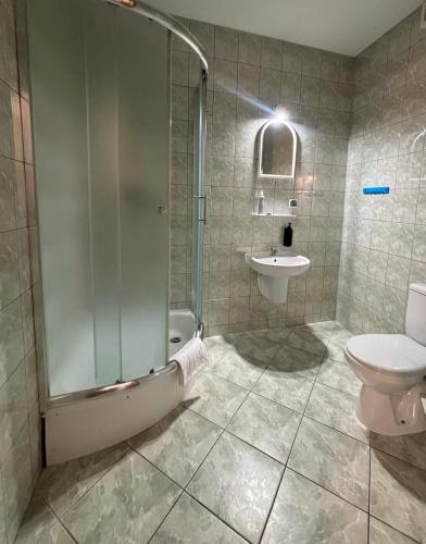a bathroom with a shower and a toilet and a sink at Noclegi Flauta in Mielno