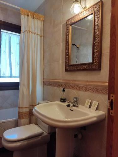 a bathroom with a sink and a toilet and a mirror at Casa Flor de Rello in Rello