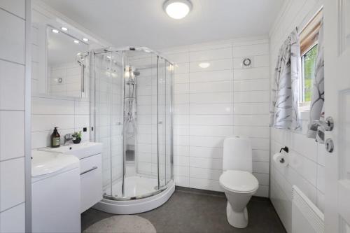 a bathroom with a shower and a toilet and a sink at Kvila in Surnadal