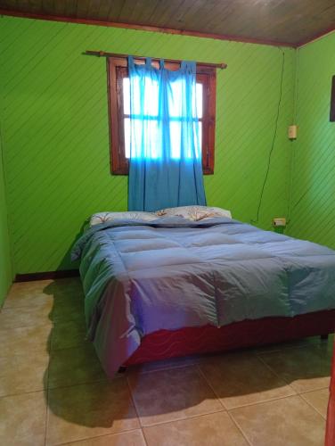 a bed in a green room with a window at Cabaña La Churra in Corrientes