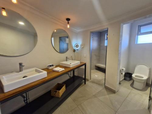 a bathroom with a sink and a toilet and a mirror at Hotel Boutique Abad in Guadalajara