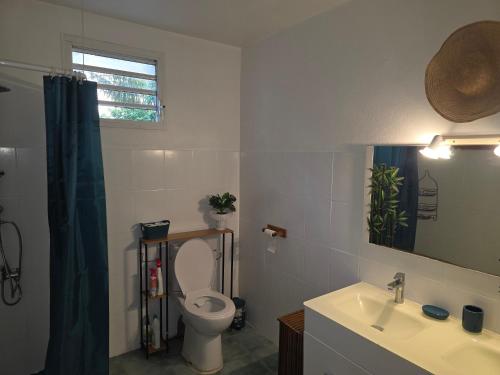 a bathroom with a toilet and a sink at Villa Ti'Sol in Saint-François