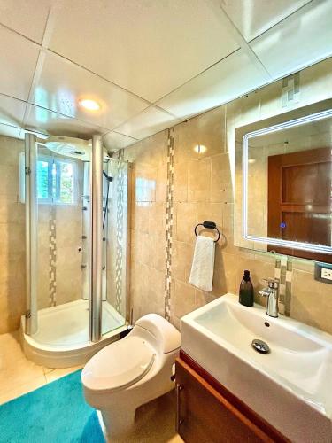 a bathroom with a toilet and a sink and a shower at Villa Fidelina Picsina in Río San Juan