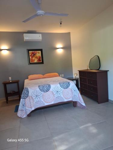 a bedroom with a large bed and a dresser at Huatulco house near beach with pool in Tangolunda