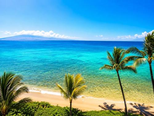 a view of a beach with palm trees and the ocean at Mahana 604 Oceanfront 1BD 1BA condo in Kahana