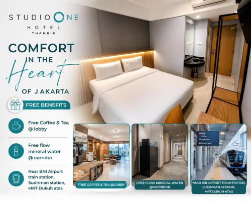 a flyer for a hotel room with a bed at Studio One Thamrin Hotel in Jakarta