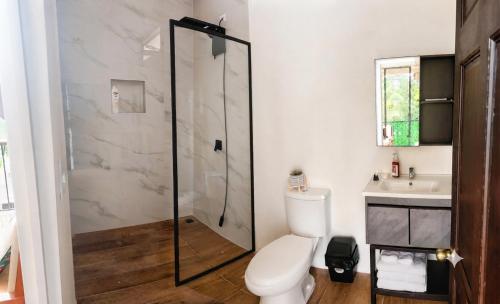 a bathroom with a shower and a toilet and a sink at Alojamiento Vistas Chirripo espacioso con Parqueo in San Isidro de El General