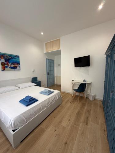a bedroom with a bed and a desk and a tv at Lulù Marin Rooms in Scalea