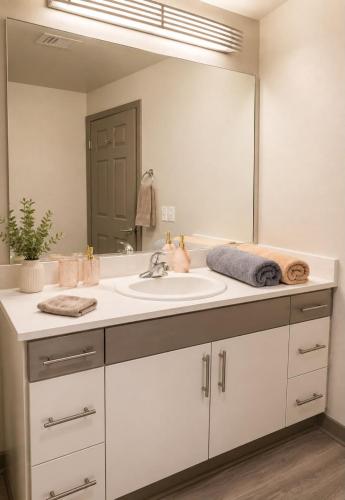 a bathroom with a sink and a large mirror at 1-Bedroom Apartment near ALX Airport and the Ocean in Los Angeles