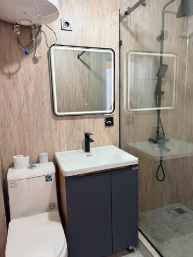 a small bathroom with a toilet and a sink at Barnhouse Allan in Koshkolʼ