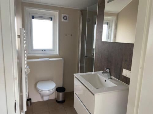 a bathroom with a toilet and a sink and a window at Charming Chalet Near Efteling in Kaatsheuvel