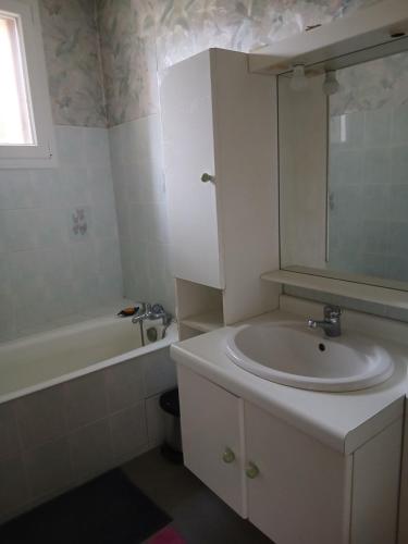 a bathroom with a sink and a mirror and a tub at Chez Cathy in Saint-Donat-sur-lʼHerbasse