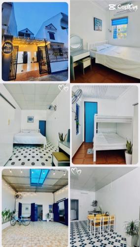 a collage of four pictures of a room at Mộc House in Dong Hoi