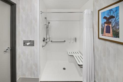 a shower stall in a bathroom with a picture on the wall at Hampton Inn Lawrence in Lawrence