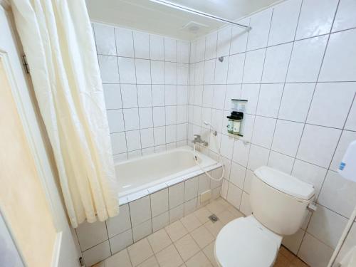 a bathroom with a toilet and a bath tub at 心園生活旅店 Xin Yuan Hotel in Hsinchu City