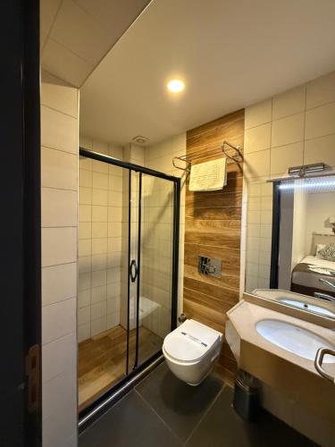 a bathroom with a toilet and a shower and a sink at Nomade Old City Hotel in Istanbul