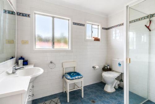 a bathroom with a toilet and a sink and a shower at Waterfront Delight on Cater in Sussex Inlet