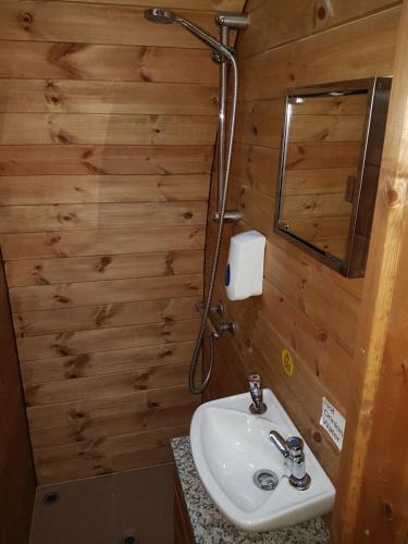 a bathroom with a white sink and a shower at Suitehuts @ Silverstone in Silverstone