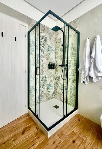 a shower with a glass door in a bathroom at Romantic suite between Venice and Padua in Dolo