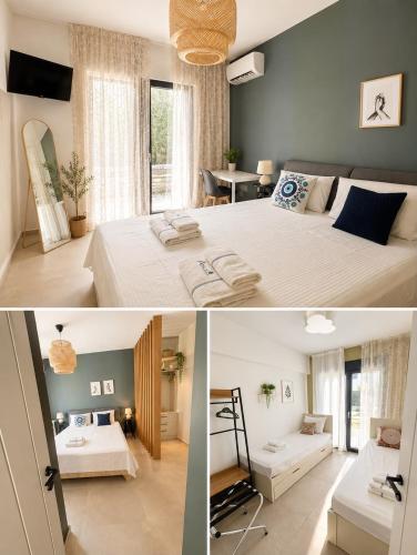 two pictures of a bedroom with a bed and a living room at Villa ATLAS relax in Prinos