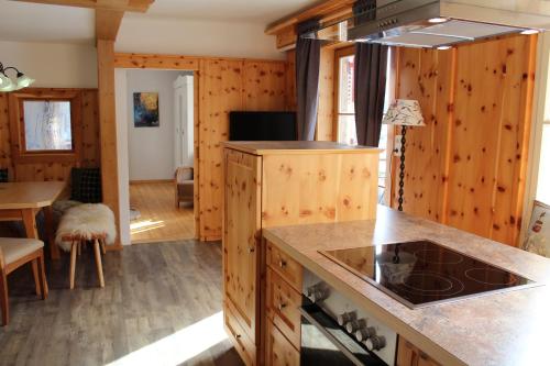 a kitchen with wooden walls and a stove at Schlosswirt Chalets & Apartments in Großkirchheim