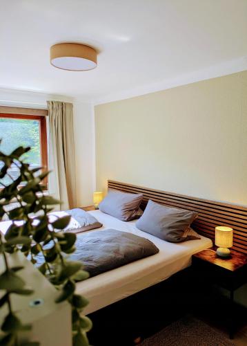 a bedroom with a bed with two pillows at Gasthof Schausten in Kreuztal