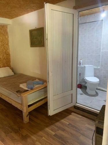 a bathroom with a bed and a toilet in a room at Guesthouse Aprasidze in Mestia