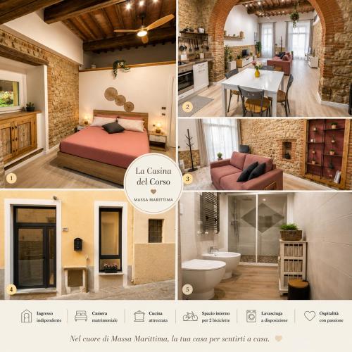 a collage of photos of a bedroom and a living room at La Casina del Corso in Massa Marittima