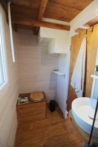 a small bathroom with a sink and a toilet at Tiny house U Dlouháče in Litoměřice