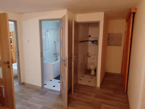 a bathroom with a tub and a toilet and a sink at Ubytování u J & J in Lauterwasser