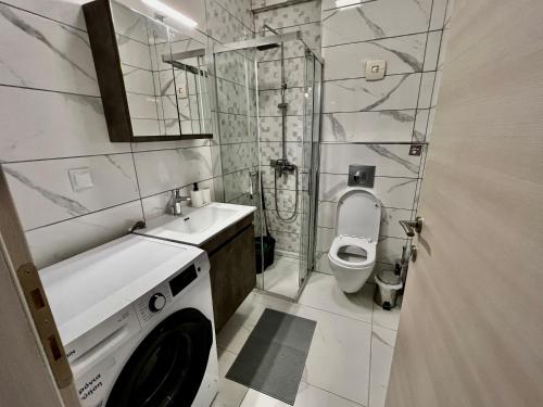 a bathroom with a washing machine and a toilet at BELA Apartments Kariani Near Ofrinio in Karianí