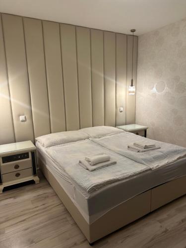 a bedroom with a large bed and two night stands at Wellness hotel Velky Meder in Veľký Meder
