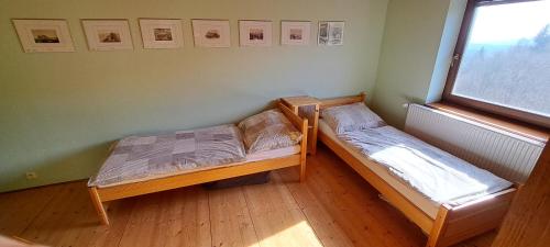 two beds in a room with a window at Apartmány Na Lontě in Cotkytle