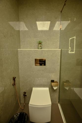 a bathroom with a toilet and a plant on the wall at Carnival Resort in Lātūr