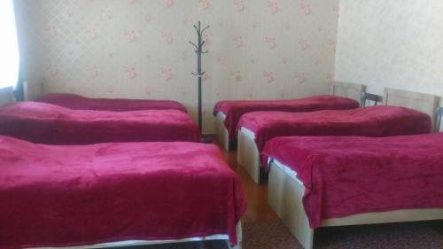 a group of four beds in a room with pink covers at Maias guest house in Kazbegi