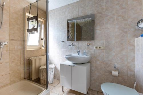 a bathroom with a sink and a shower at Sonnenblumenhaus 01 in Prerow