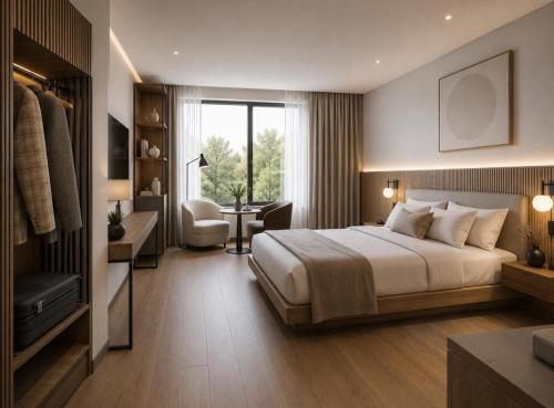 a bedroom with a bed and a desk and a chair at Hotel Altes Sudhaus in Kassel