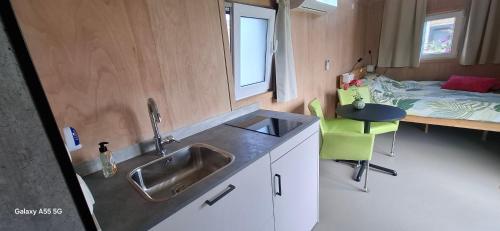 a kitchen with a sink and a bed in a room at Buorkerijhûske A - Tussen Wad en Weide in Hallum