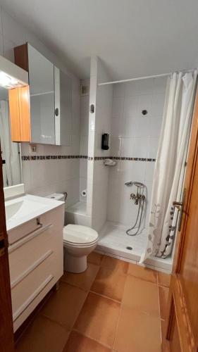 a white bathroom with a toilet and a shower at V.U.T. EL HONGO in Mora de Rubielos