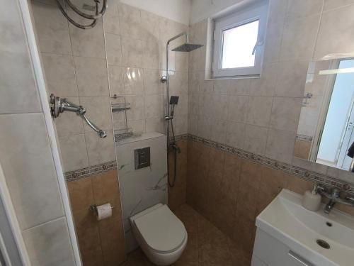 a bathroom with a shower and a toilet and a sink at Guest House Polikseni in Sozopol
