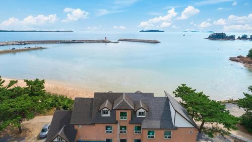 an aerial view of a house next to a beach at mongsanpo cueogpensyeon in Taean