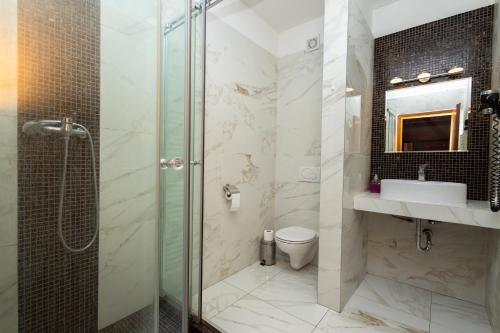 a bathroom with a shower and a toilet and a sink at Wellness hotel Velky Meder in Veľký Meder