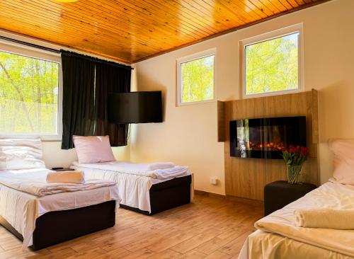 River Park Zator SPA RESORT في زاتور: غرفة فندق بها سريران ومدفأة