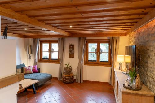 a living room with a couch and a tv at Luxury Chalet with Swimming Pond Nature Escape Upper Austria in Sankt Johann am Walde
