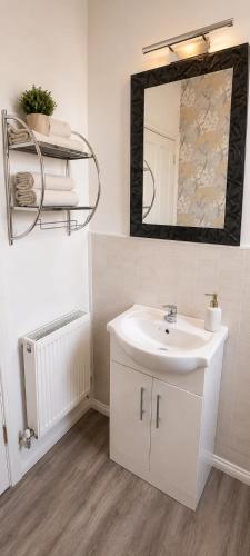 a bathroom with a white sink and a mirror at Farm Lodge in Monaghan